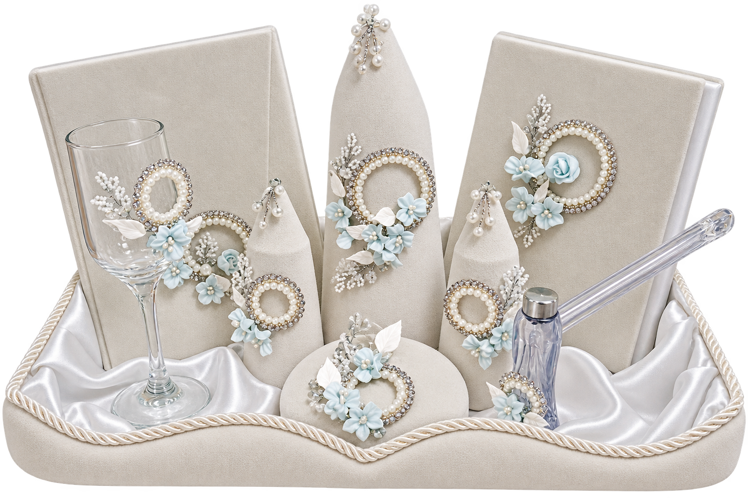 ست بله برون ده تکه روکش مخمل گل چینی آبی و سفید